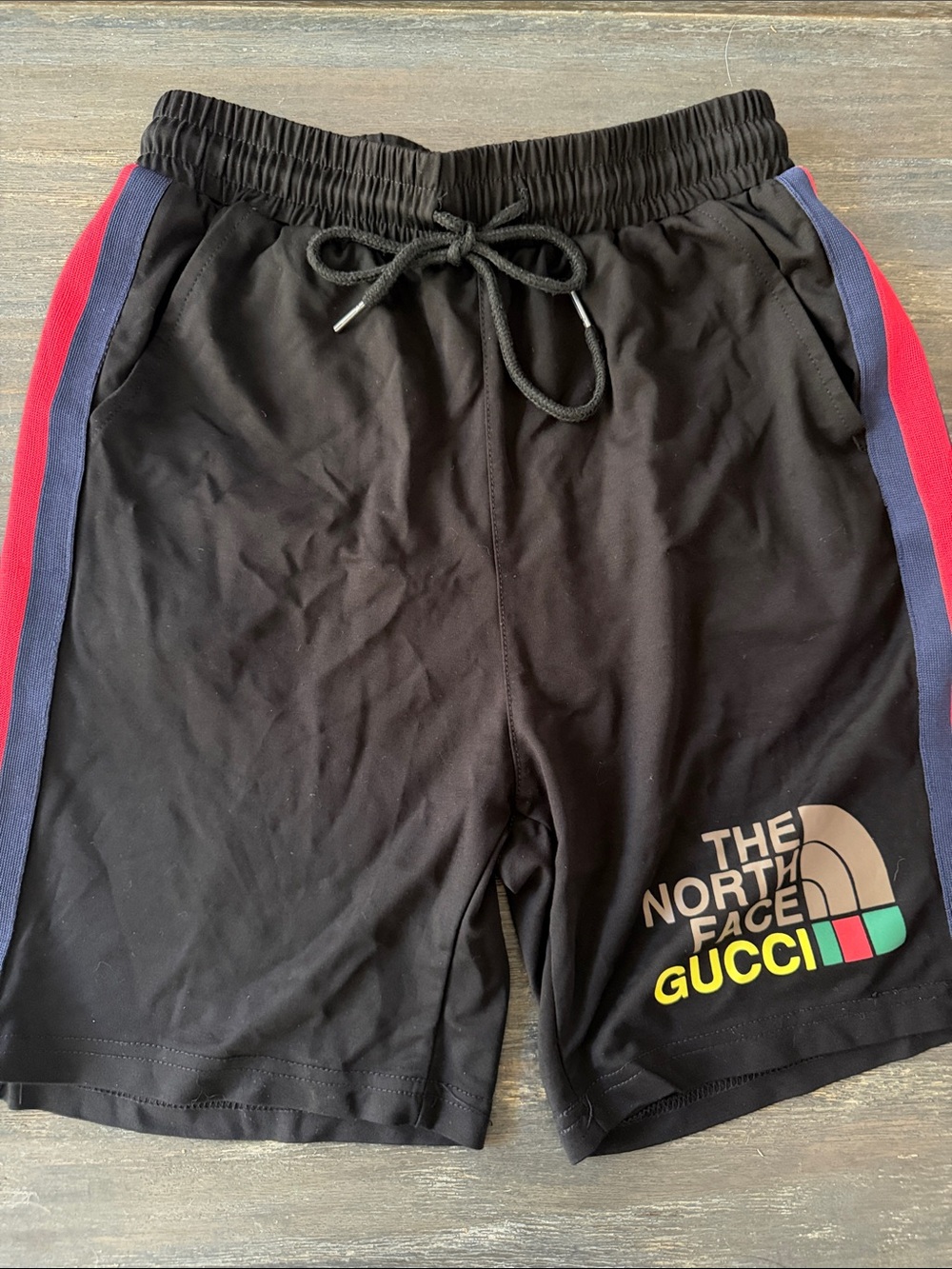 The North Face GUCCI Black Athletic Shorts with Red and Blue Side Stripes